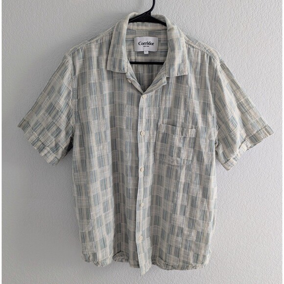 Corridor Jacquard Camp Shirt Men's Size Large Blue Stripe Short Sleeve Button Up - Picture 3 of 9